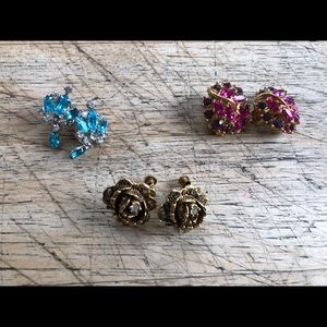 3 pairs vintage rhinestone clip on earrings